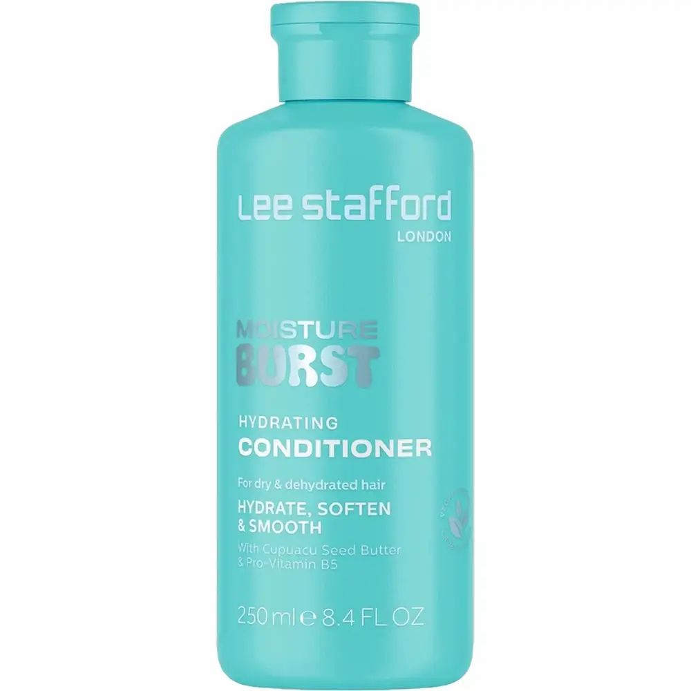 Türkisgrüne Flasche mit Produktinformationen. Text: Moisture Burst Hydrating Conditioner, 250ml.