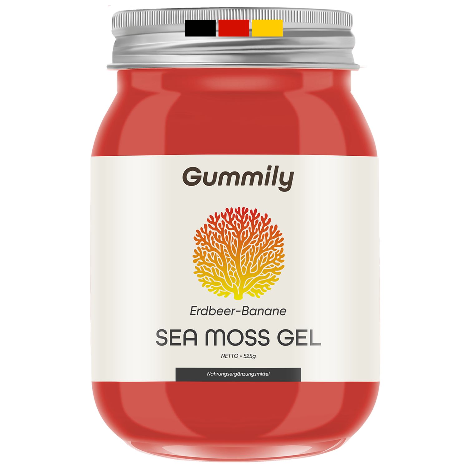 Glas mit rotem Gel. Aufschrift: Gummily, Erdbeer-Banane, Sea Moss Gel. Deckel mit Deutschland-Flagge.