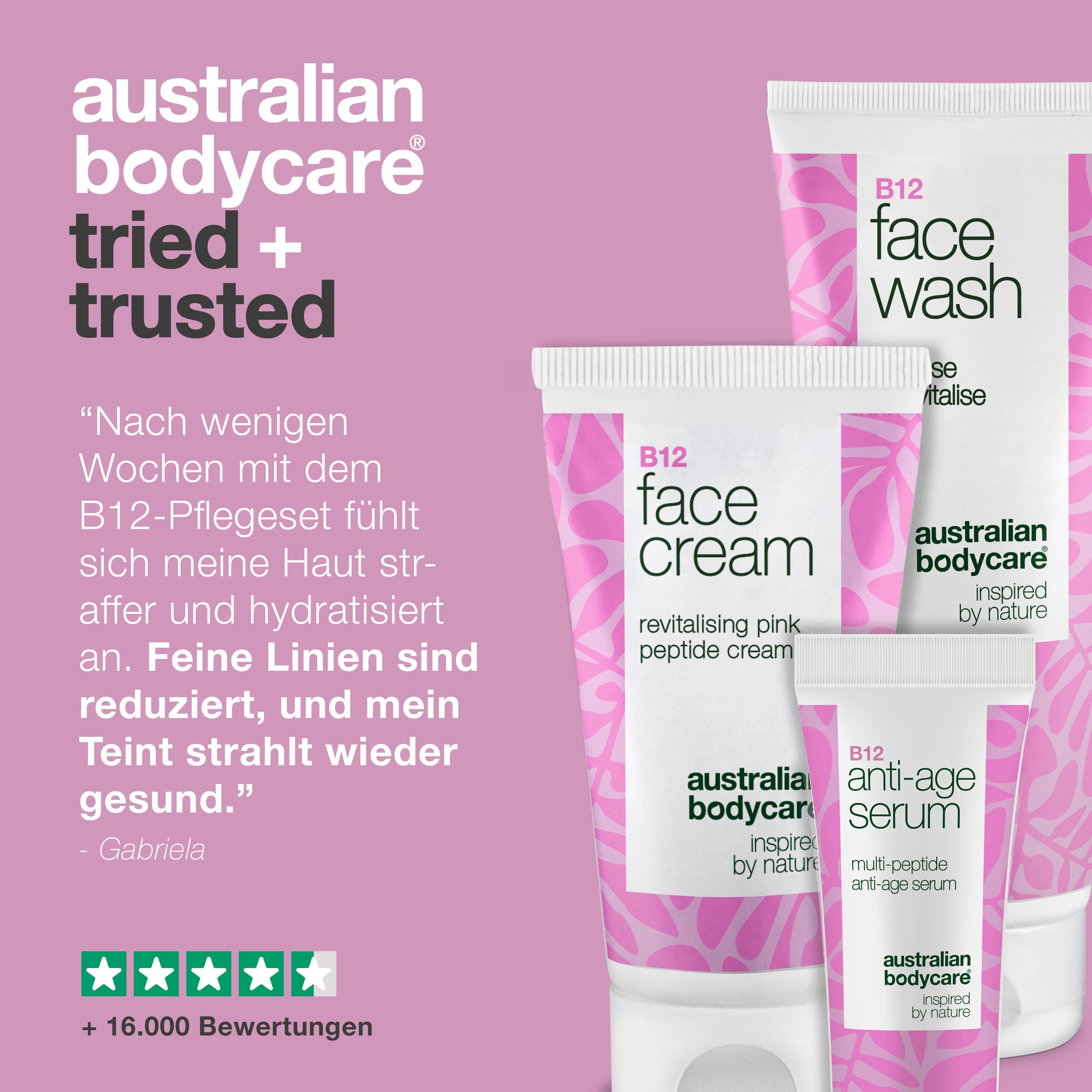 Drei Tuben: Face Wash, Face Cream und Anti-Age Serum. Text: Erfahrungsbericht, 5 Sterne, +16.000 Bewertungen.