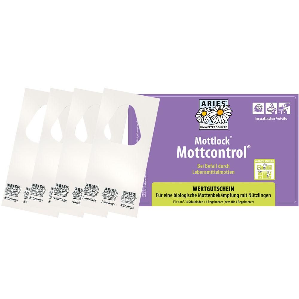 ARIES Mottlock Mottenfallen mit Nützlingen. Packung mit 4 Fallen und Gutschein für biologische Mottenbekämpfung.