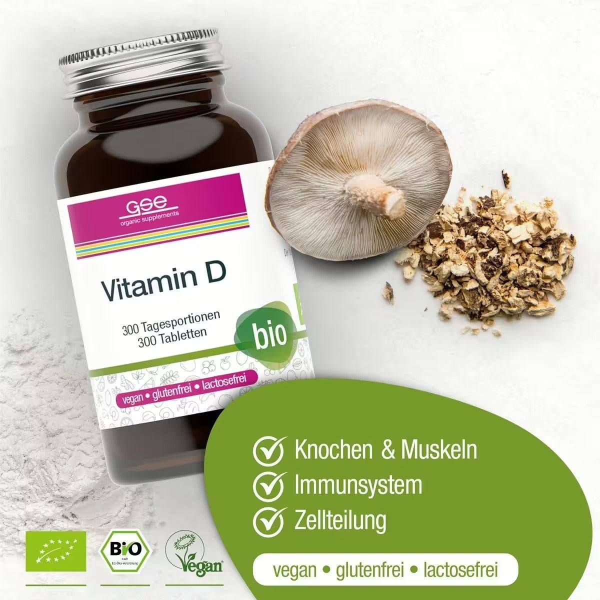 Braune Glasflasche mit Vitamin D-Tabletten. Aufschrift: Vitamin D, 300 Tagesportionen, bio. Nebenbei: Pilz und Kräuter.