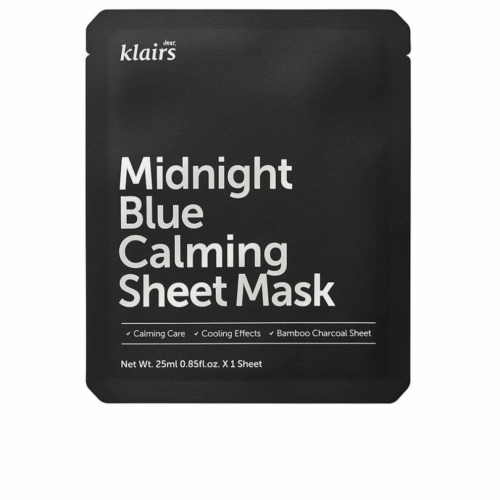 Schwarze Verpackung mit weißem Text. Enthält die Aufschrift "klairs", "Midnight Blue Calming Sheet Mask" und weitere Informationen.
