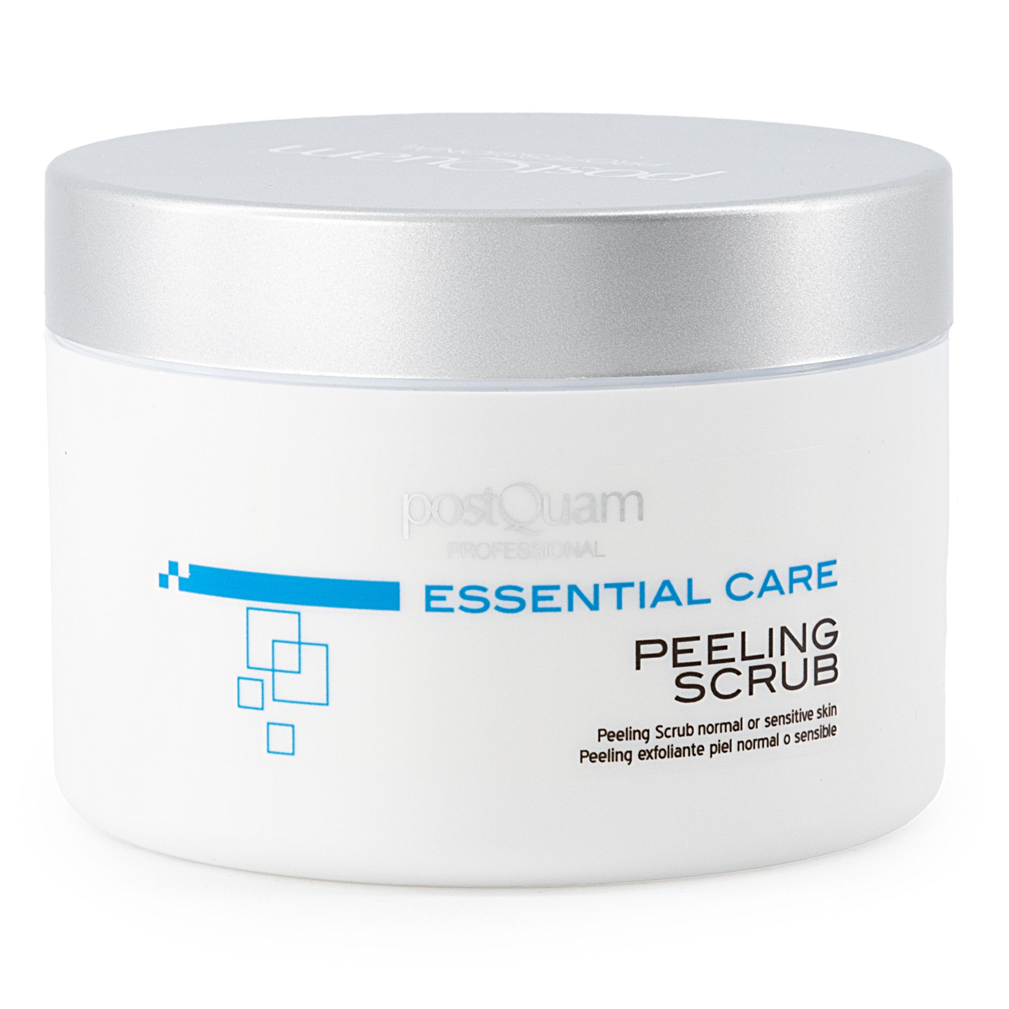 Weißer Tiegel mit silbernem Deckel. Aufschrift: Essential Care Peeling Scrub. Für normale oder sensible Haut.