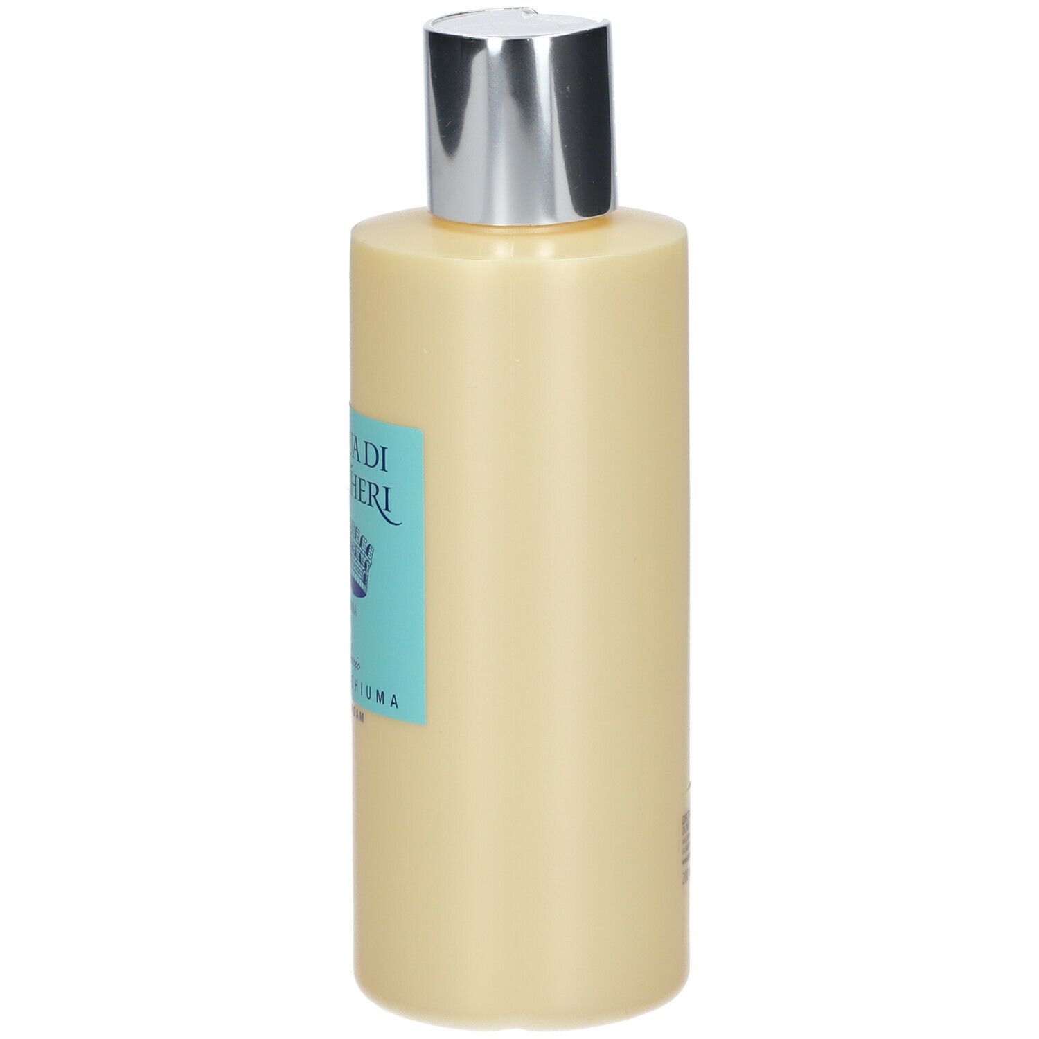 Flacone beige con tappo argentato. Etichetta blu con testo visibile sul lato. Il resto del flacone è beige.