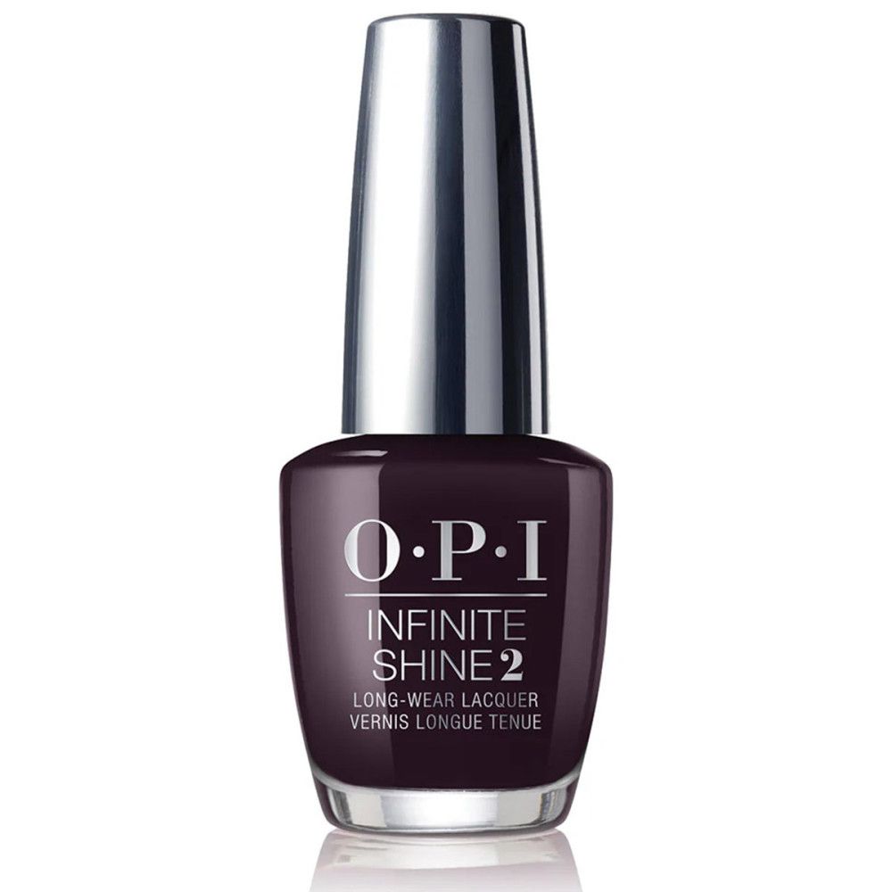 Nagellackflasche mit silbernem Deckel. Dunkelroter Lack. OPI Infinite Shine 2. Lang anhaltender Lack.
