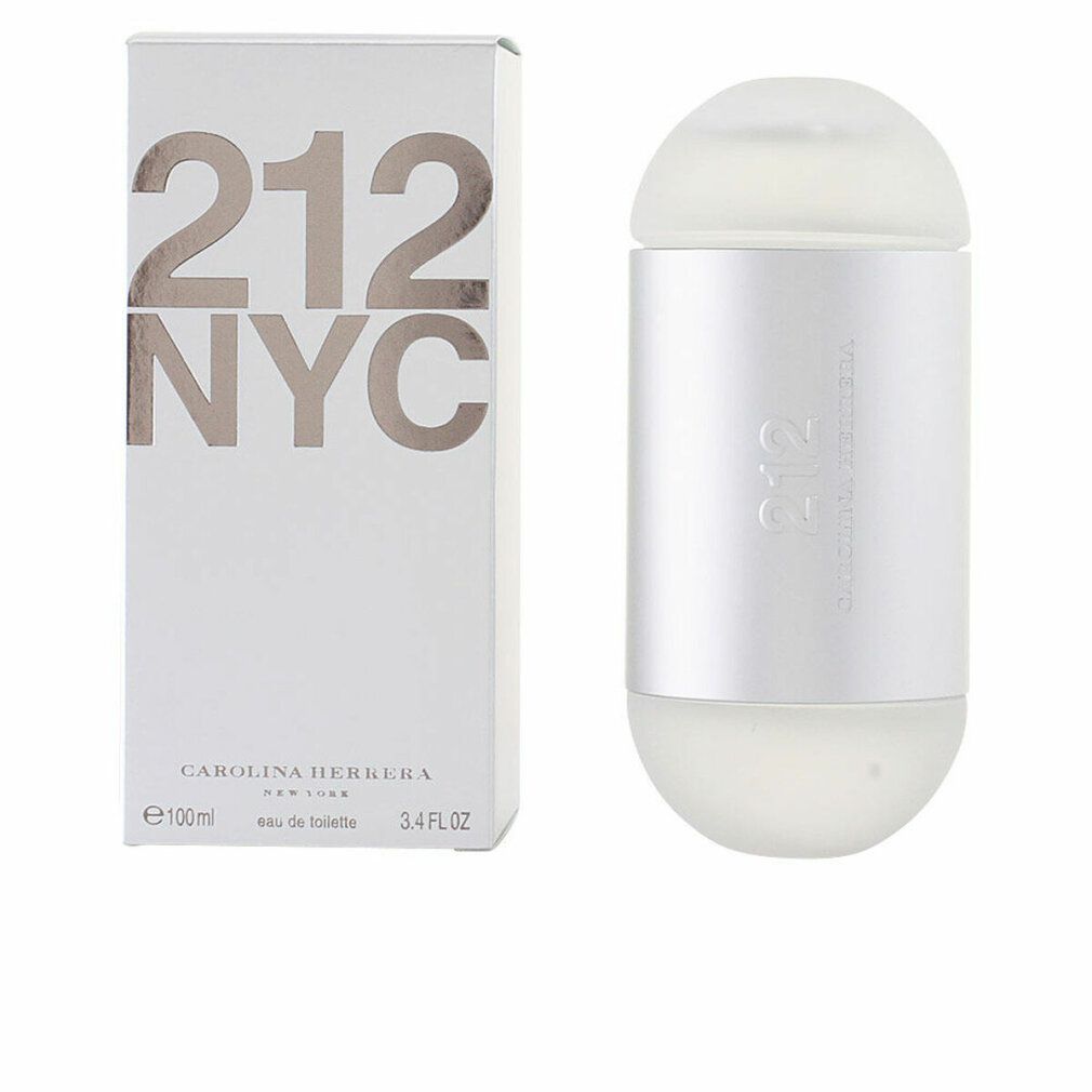 Weißer Flakon und Verpackung. Aufschrift '212 NYC' und 'Carolina Herrera'. Flakon zylindrisch mit abgerundeten Enden.