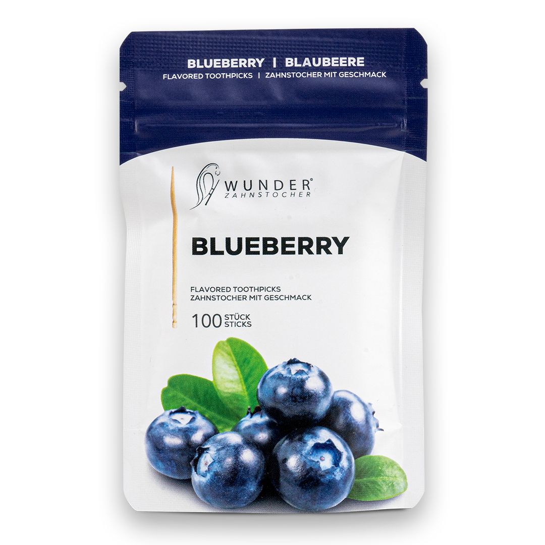 Blaubeer-Zahnstocher-Nachfüllpackung. Verpackung mit Blaubeeren und Text. Enthält 100 Stück.