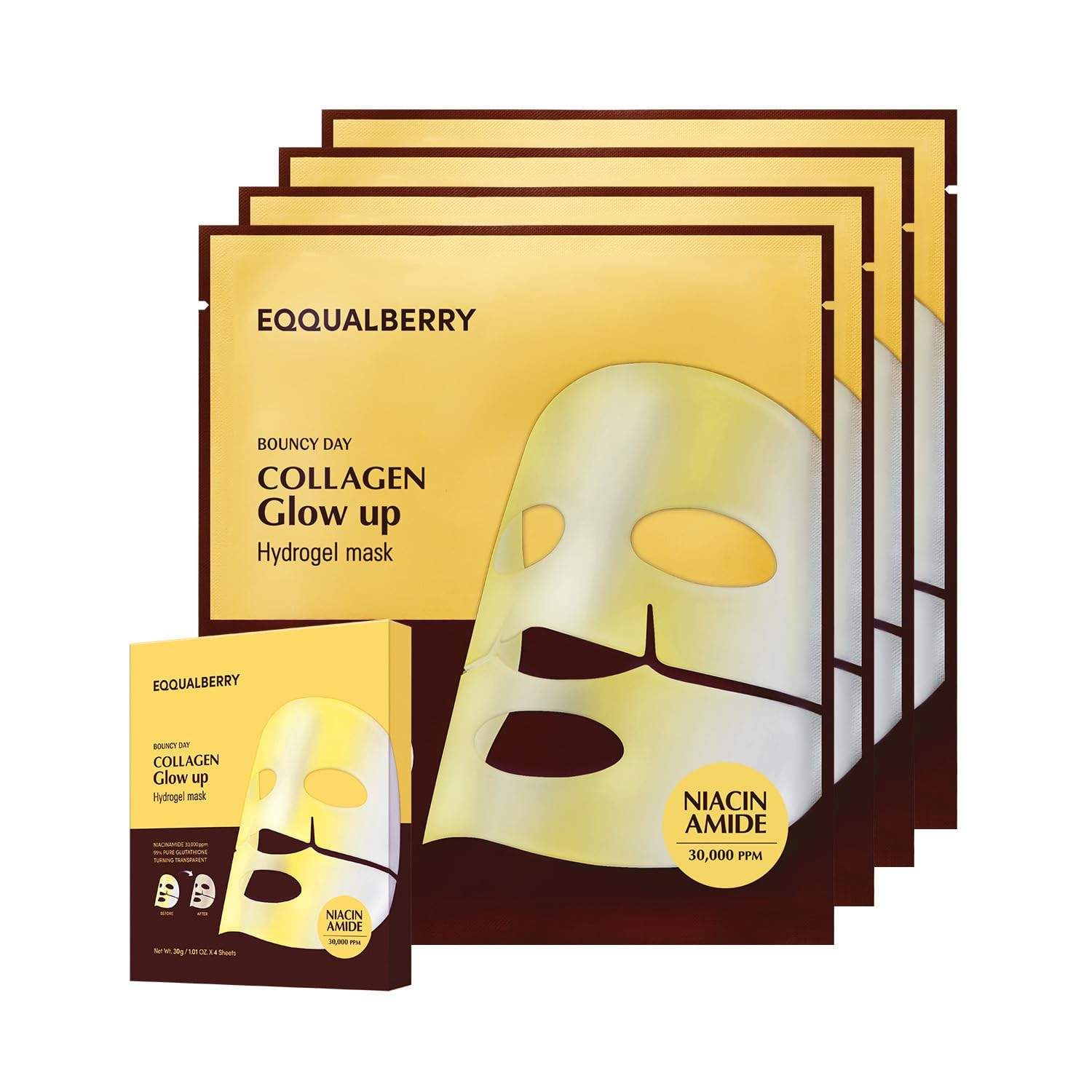 Mehrere Packungen EQQUALBERRY Collagen Glow Up Hydrogel Mask. Aufdrucke: Collagen Glow Up, Niacinamid 30.000 PPM. Eine kleine Schachtel mit Masken.