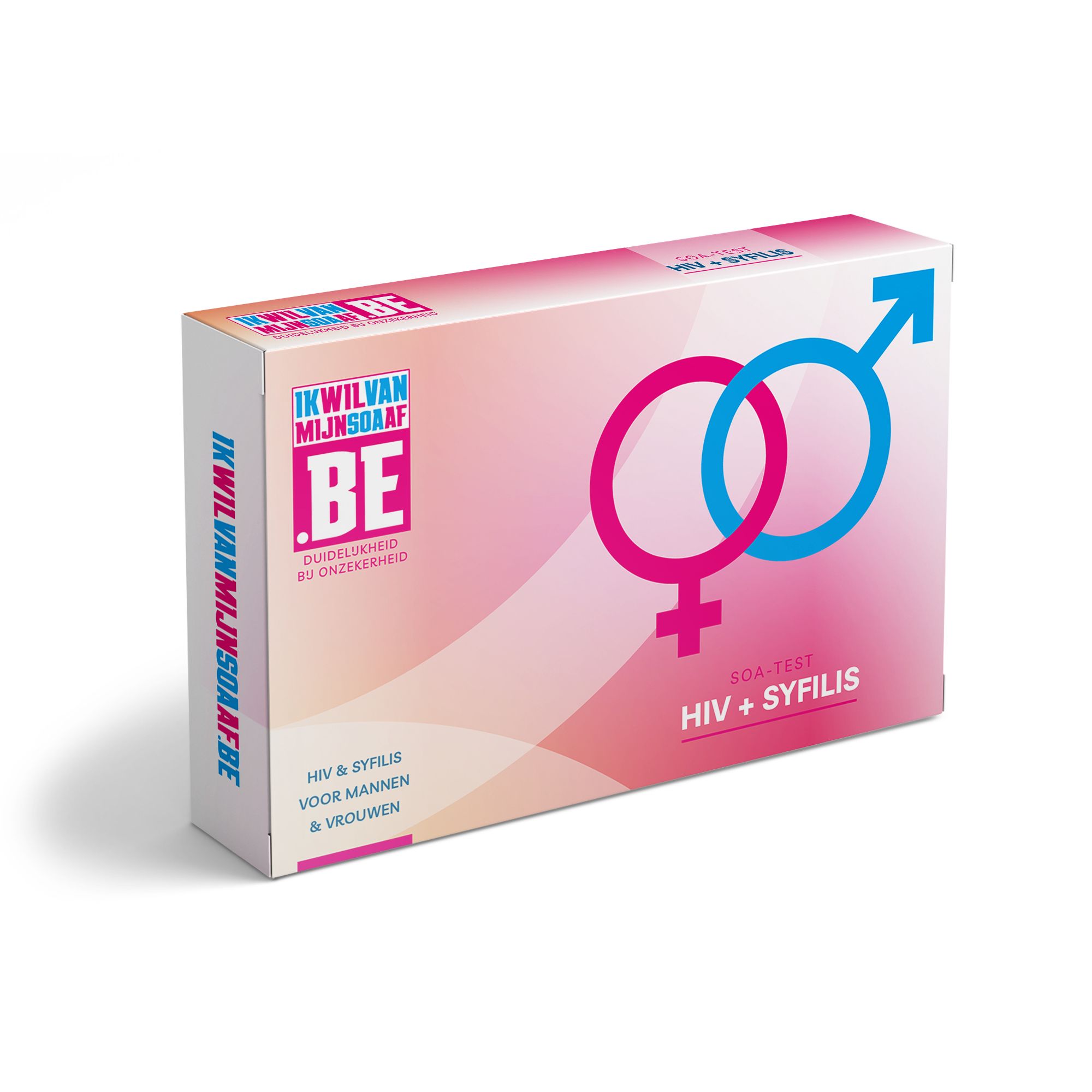 Verpackung mit Logo und Schriftzug. Rosa-weiße Box mit Symbolen für Mann und Frau. Text: HIV + Syphilis.