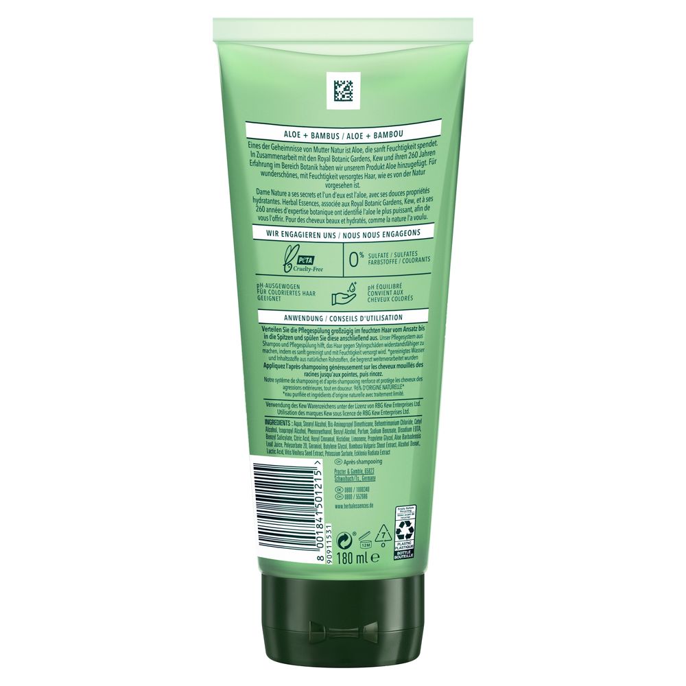 Rückseite der grünen Tube. Text: Aloe + Bambus, Inhaltsstoffe, Anweisungen, Recycling-Symbol, 180 ml.