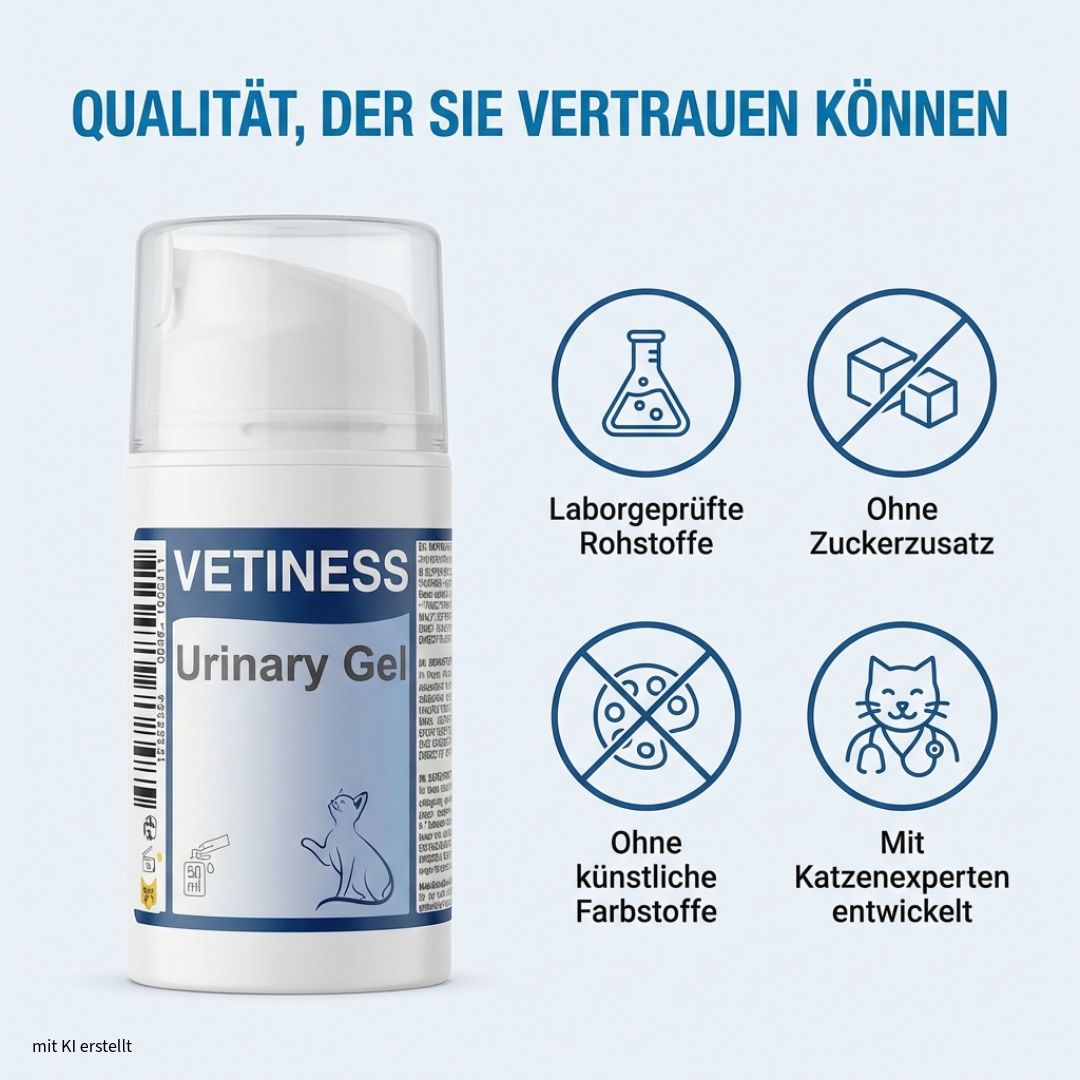 Weißer Pump-Spender "VETINESS Urinary Gel". Vier Symbole: Laborgeprüft, ohne Zuckerzusatz, ohne künstliche Farbstoffe, Tierarzt.