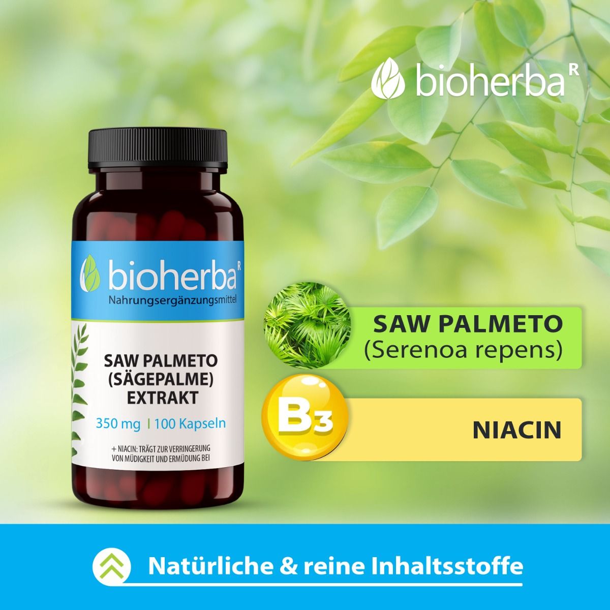 Bioherba Saw Palmeto (Sägepalme) Extrakt, 350 mg, 100 Kapseln. Braune Flasche mit schwarzem Deckel. Zusätzliche Grafiken mit Inhaltsstoffen und B3.