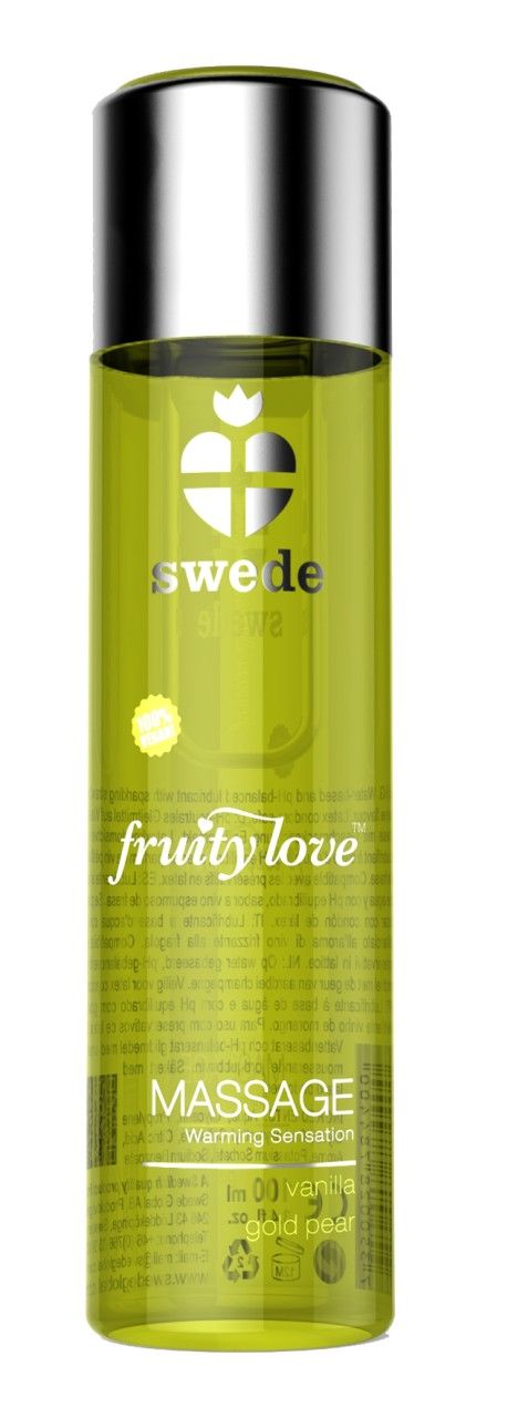 Grüne Flasche mit silbernem Deckel. Aufschrift: swede, fruity love, Massage. Enthält eine gelbliche Flüssigkeit.