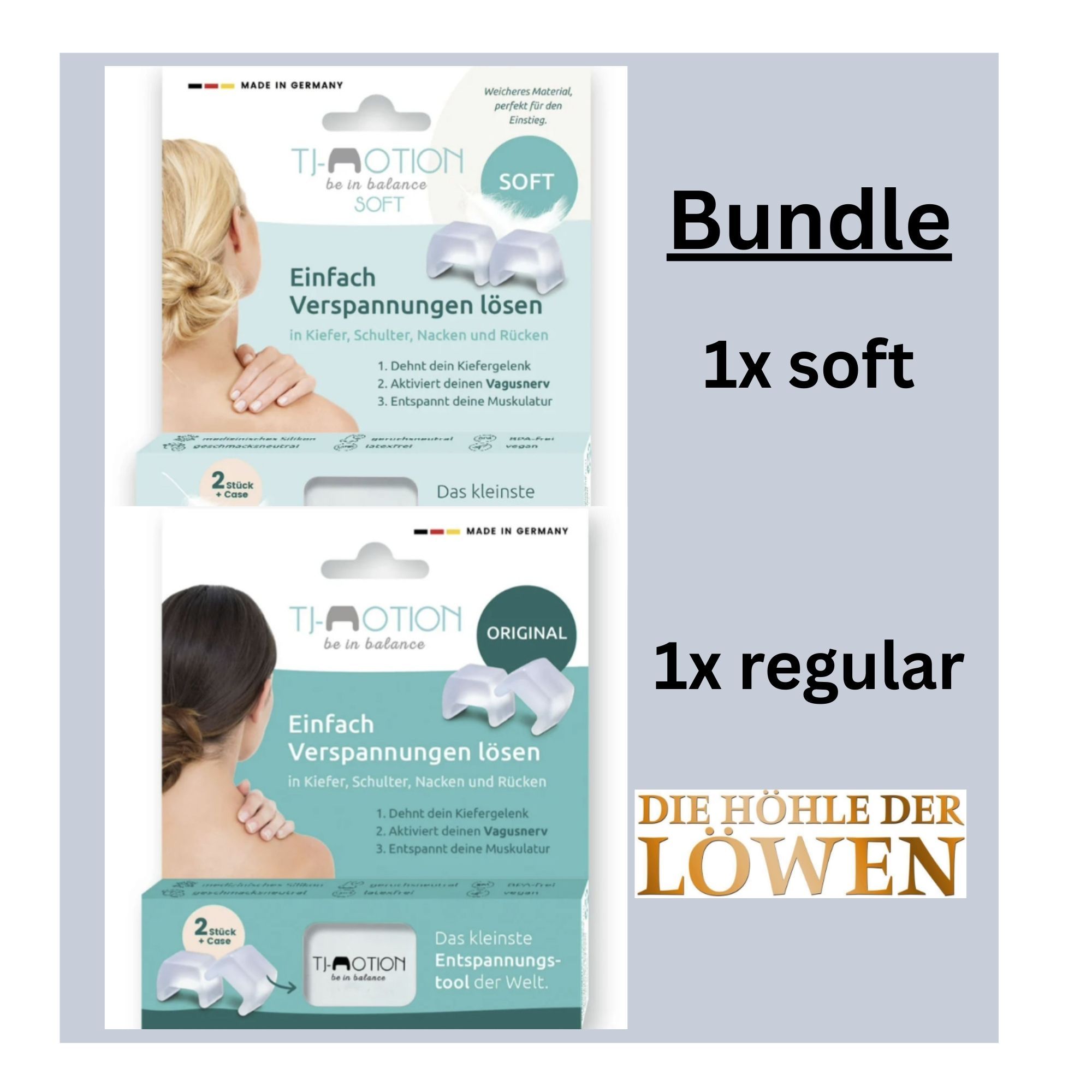 Zwei Produktverpackungen mit weißen, U-förmigen Teilen. Aufschrift: TJ-Motion, Einfach Verspannungen lösen. Bundle: 1x Soft, 1x Original. Logo: Die Höhle der Löwen.