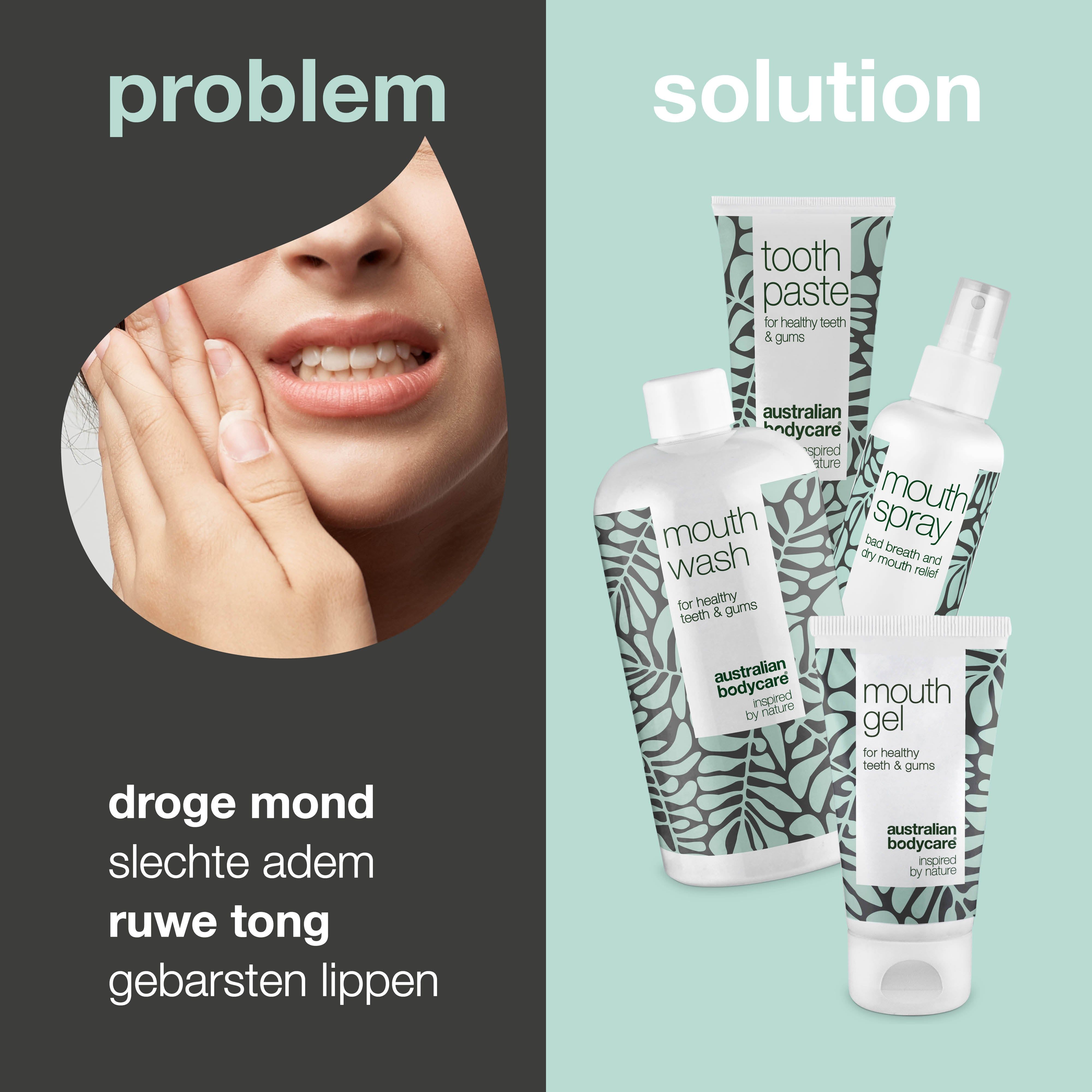 Grafiek met probleem en oplossing. Toont mondverzorgingsproducten. Tekst: droge mond, slechte adem, ruwe tong, gebarsten lippen.