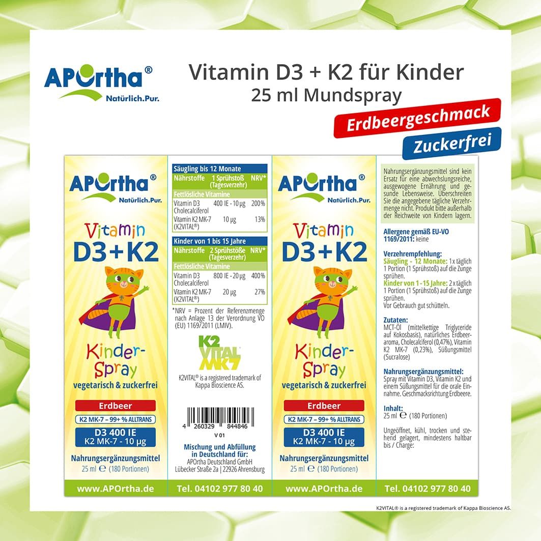 APOrtha® Vitamin D3 + K2 für Kinder Erdbeergeschmack vegetarisches