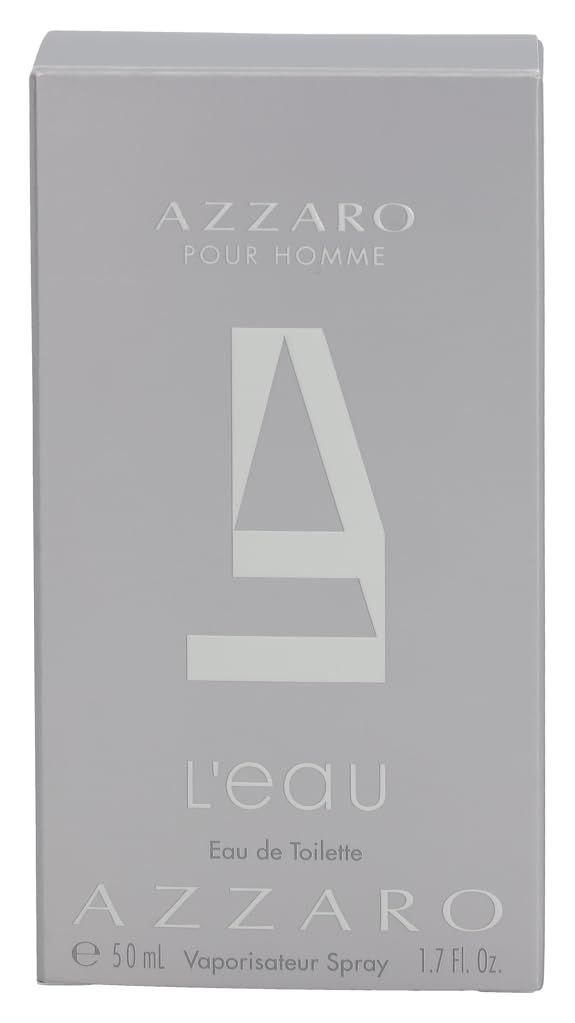 Graue Schachtel Azzaro Pour Homme L'Eau. Logo und Schriftzug. Text: Eau de Toilette, Vapo. Spray. 1.7 fl. oz.