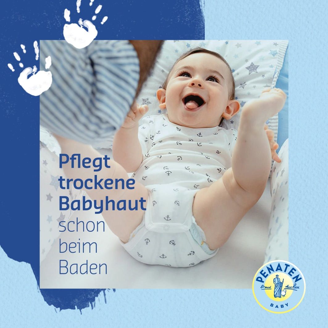PENATEN® BABY Intensiv-Cremebad. Blaue Flasche mit grünem Deckel. Produktname und Logo sichtbar.