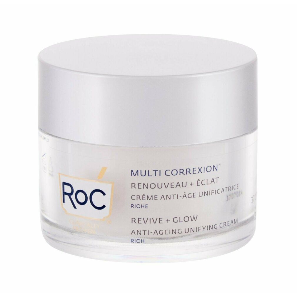 Weißes Cremetiegel mit silbernem Deckel. Aufschrift: Roc, Multi Correxion, Revive + Glow, 50ml.