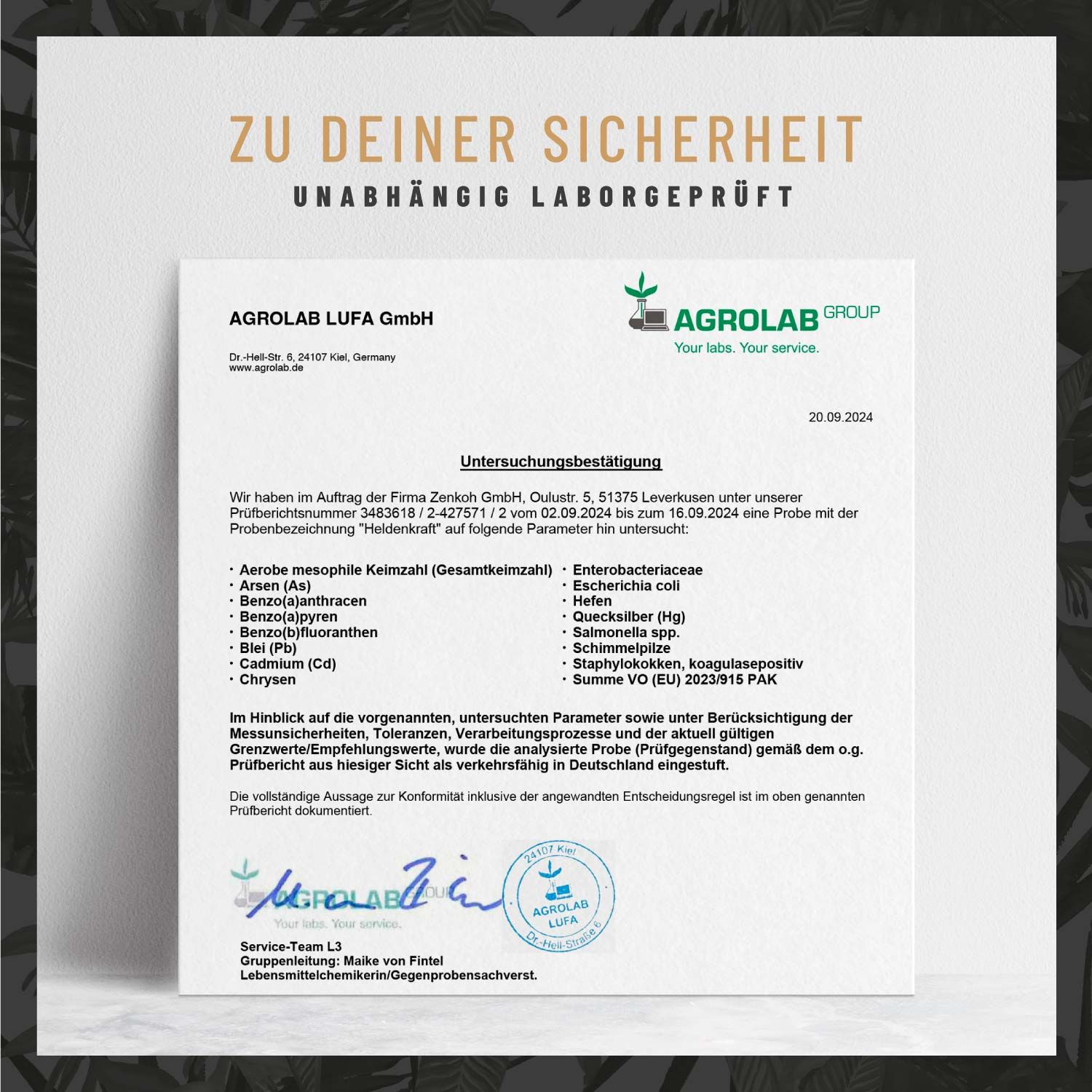Untersuchungsbestätigung von Agrolab LUFA GmbH. Text: Unabhängig laborgeprüft. Logo: Agrolab Group.
