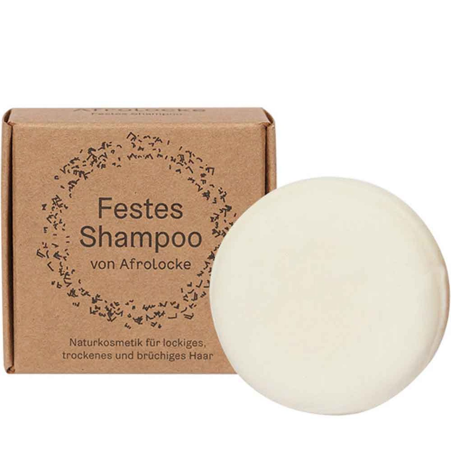 Runde, feste Shampoo-Seife neben brauner Pappschachtel. Auf der Schachtel steht "Festes Shampoo von Afrolocke".