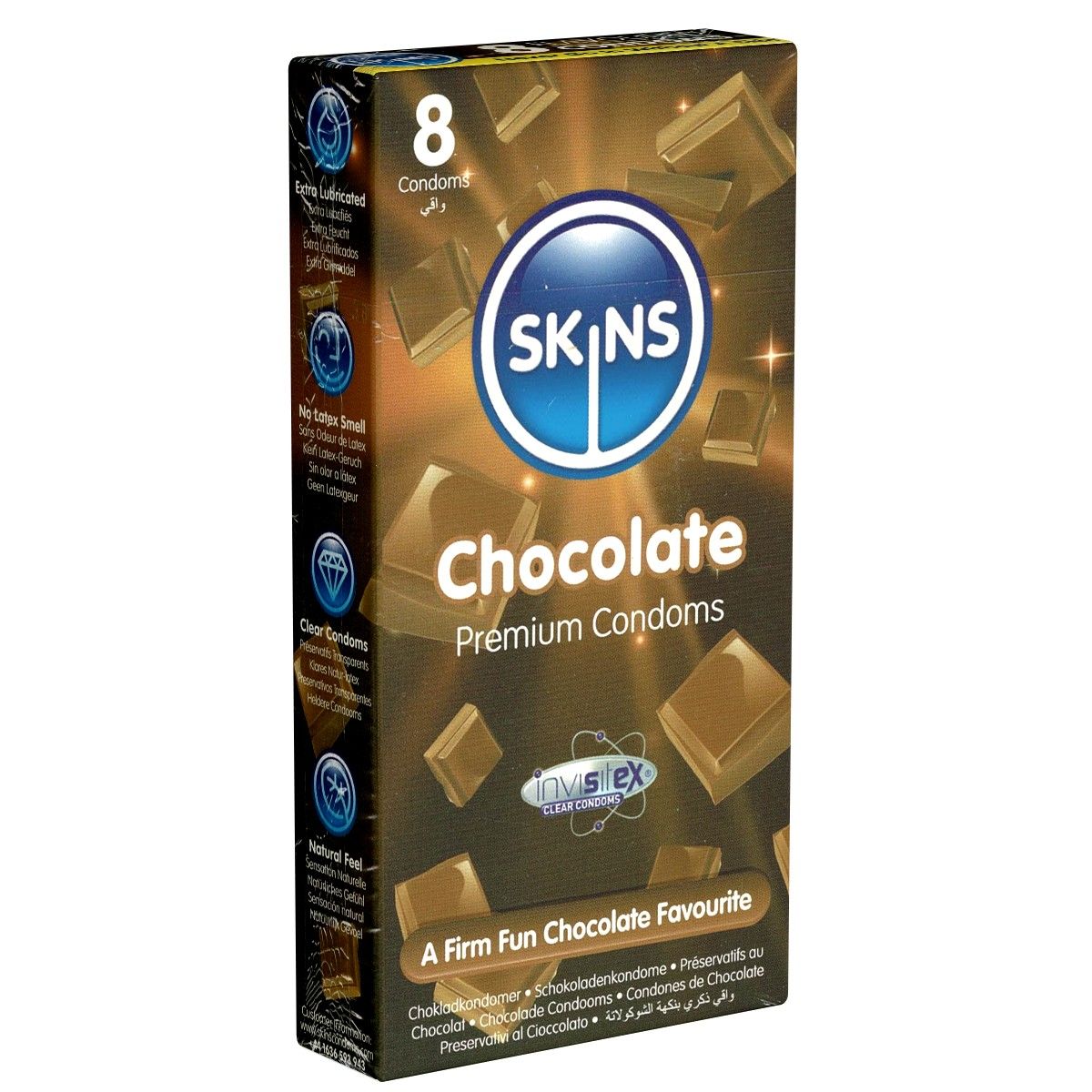 Verpackung mit 8 Kondomen. Aufschrift: SKINS Chocolate Premium Condoms. Mit Schokoladen-Motiv. Text: A Firm Fun Chocolate Favourite.