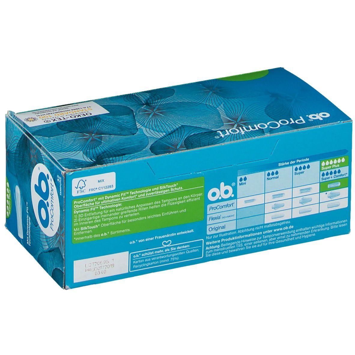Blau-grüne Schachtel mit o.b. ProComfort Super Plus Tampons. Oben links das Logo von o.b. und das Öko-Tex-Siegel. Auf der Seite Informationen zur Saugstärke.