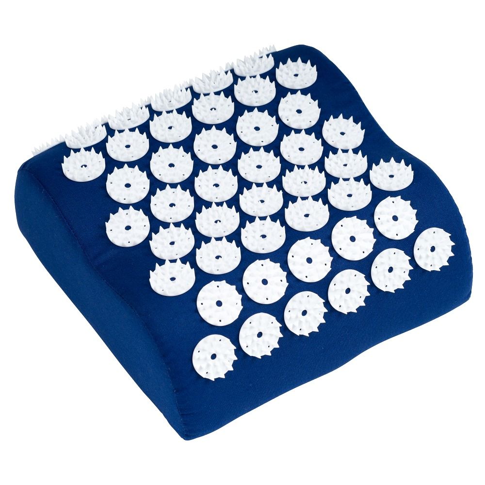 Blaues Akupressurkissen mit weißen Spitzen. Rechteckige Form mit abgerundeten Ecken und wellenförmiger Kante.