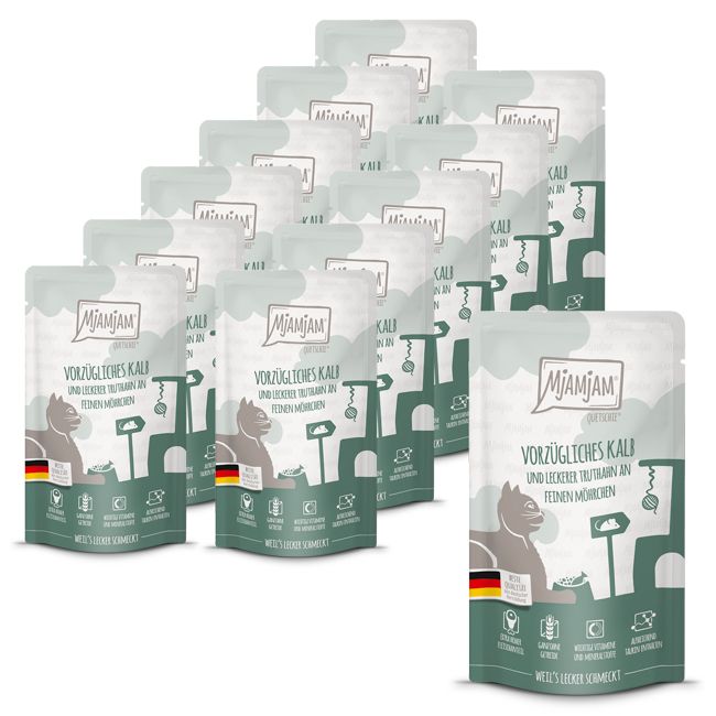 MjAMjAM - Quetschie vorzügliches Kalb & Truthahn an leckeren Möhrchen 12x125 g Futter