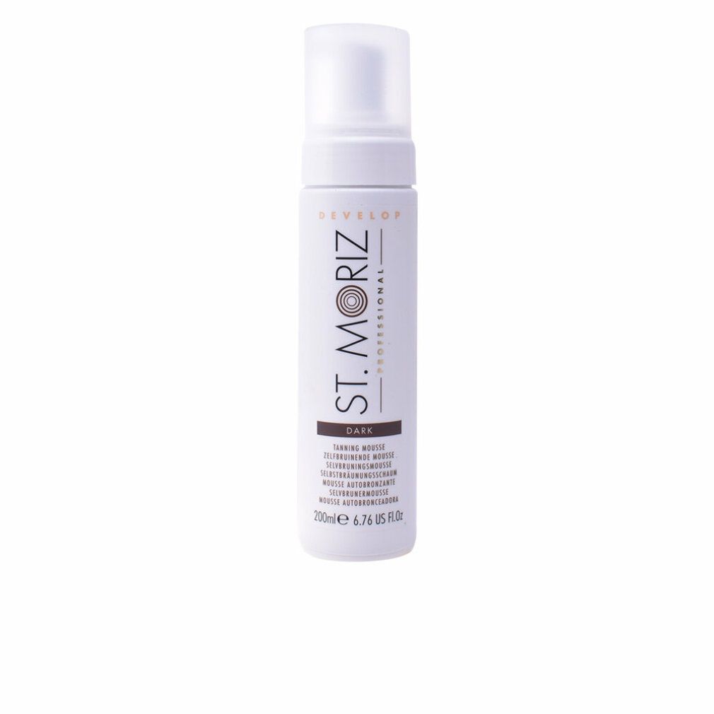 Weiße Flasche mit Sprühkopf. Aufschrift: St. Moriz Professional, Dark Tanning Mousse. Volumen: 200ml.