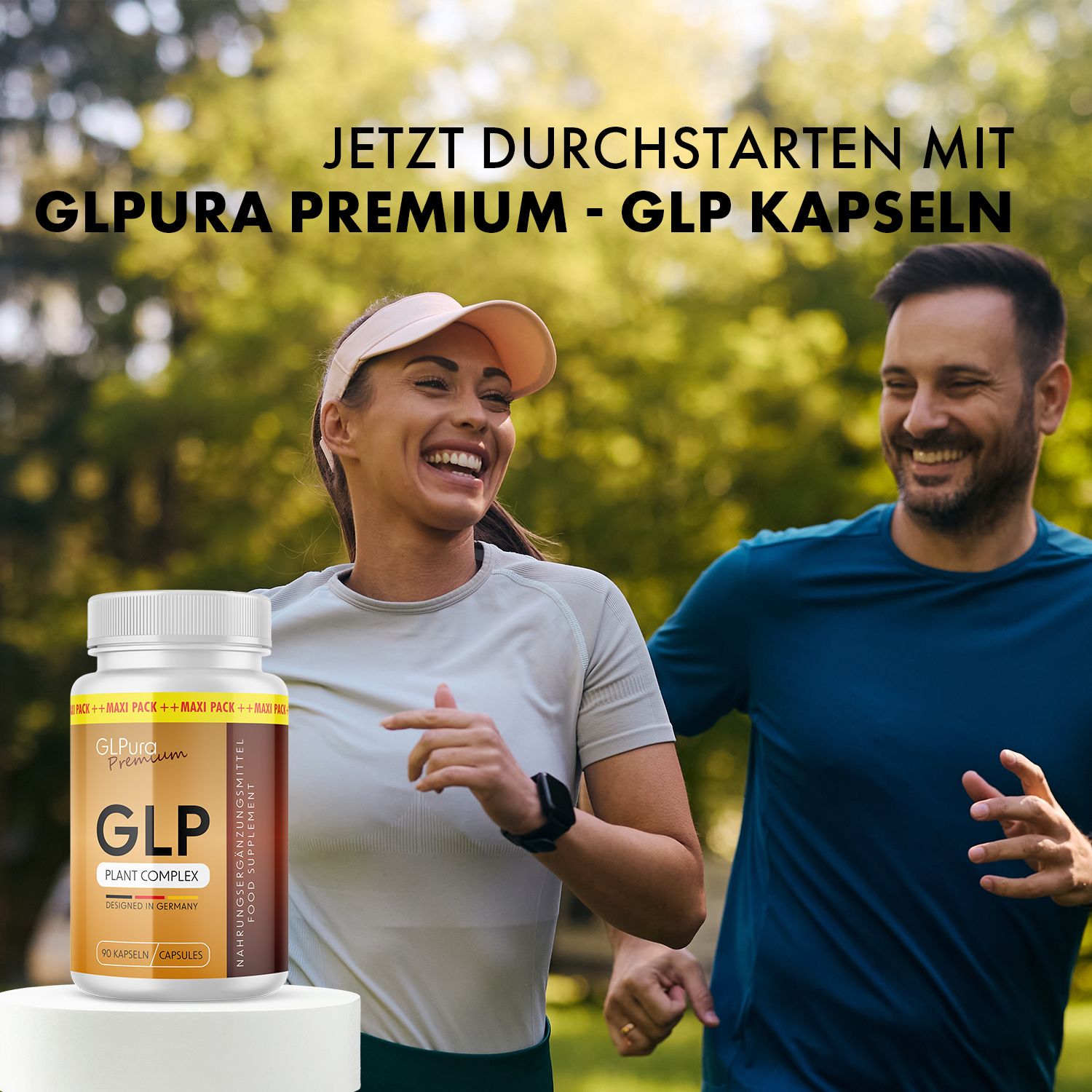 Ein Mann und eine Frau joggen im Park. Daneben eine Flasche GLP Plant Complex.