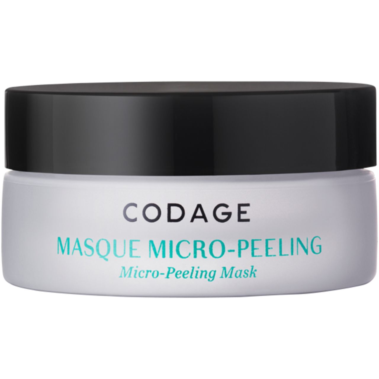 Tiegel von Codage Masque Micro-Peeling. Weißer Tiegel mit schwarzem Deckel und Produktnamen.