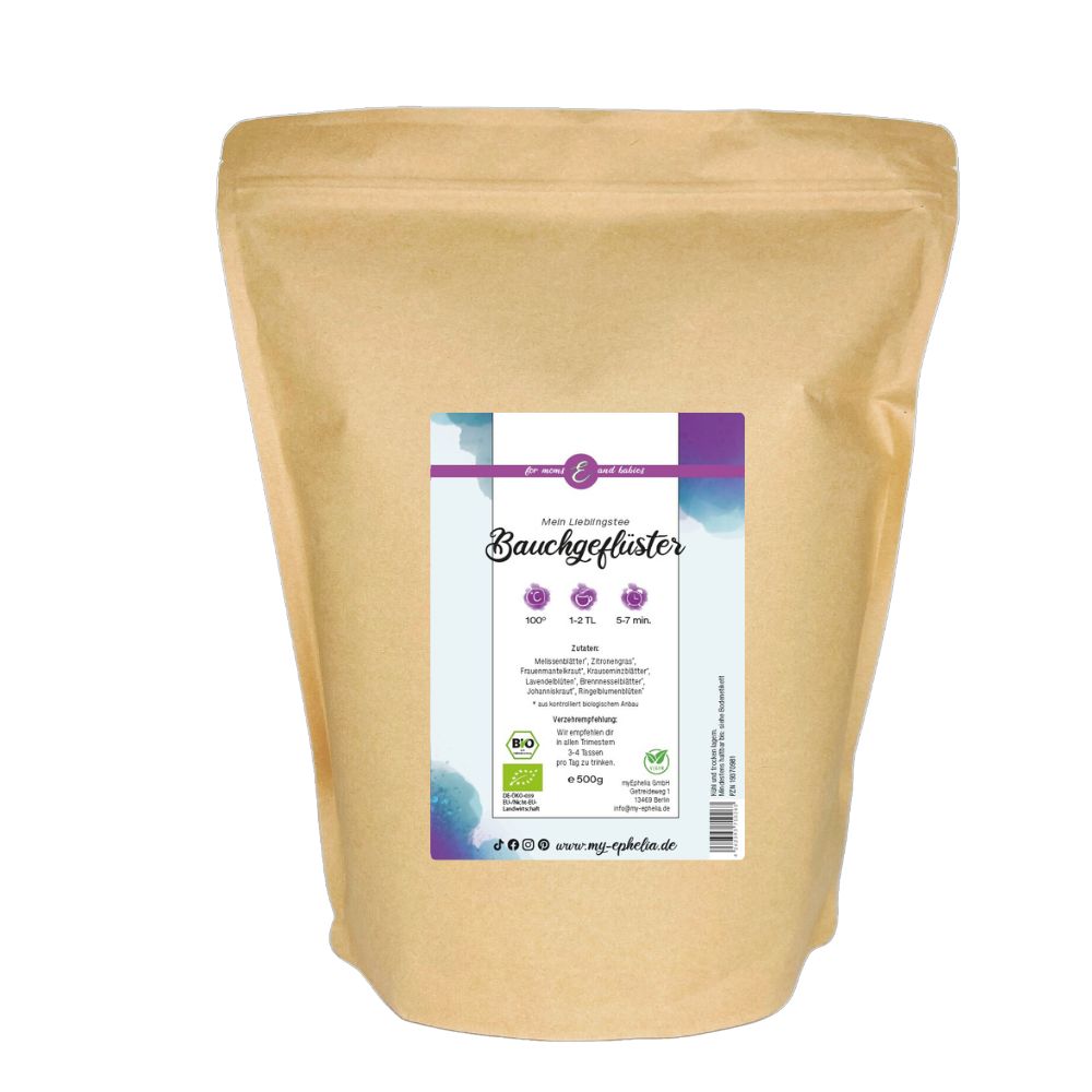 Großer Beutel "Bauchgeflüster" Tee. Aufdruck mit Logo, Umriss einer schwangeren Frau, Bio-Siegel. Braune Papierverpackung.