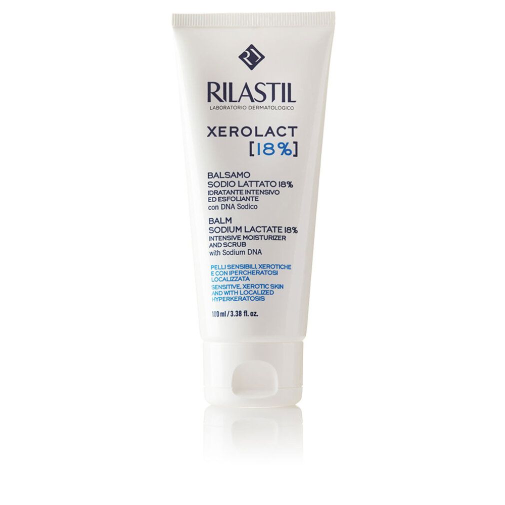Weiße Tube mit Produkttext. RILASTIL, XEROLACT [18%], Balsamo, 100ml.