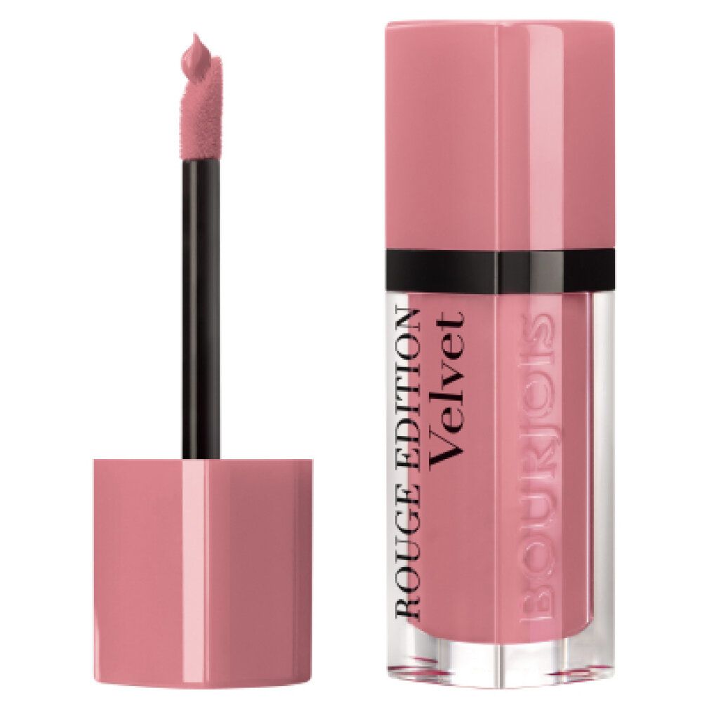 Lippenstift, rosa. Aufschrift: Rouge Edition Velvet. Applikator sichtbar. Transparente Hülle. Rosa Deckel.
