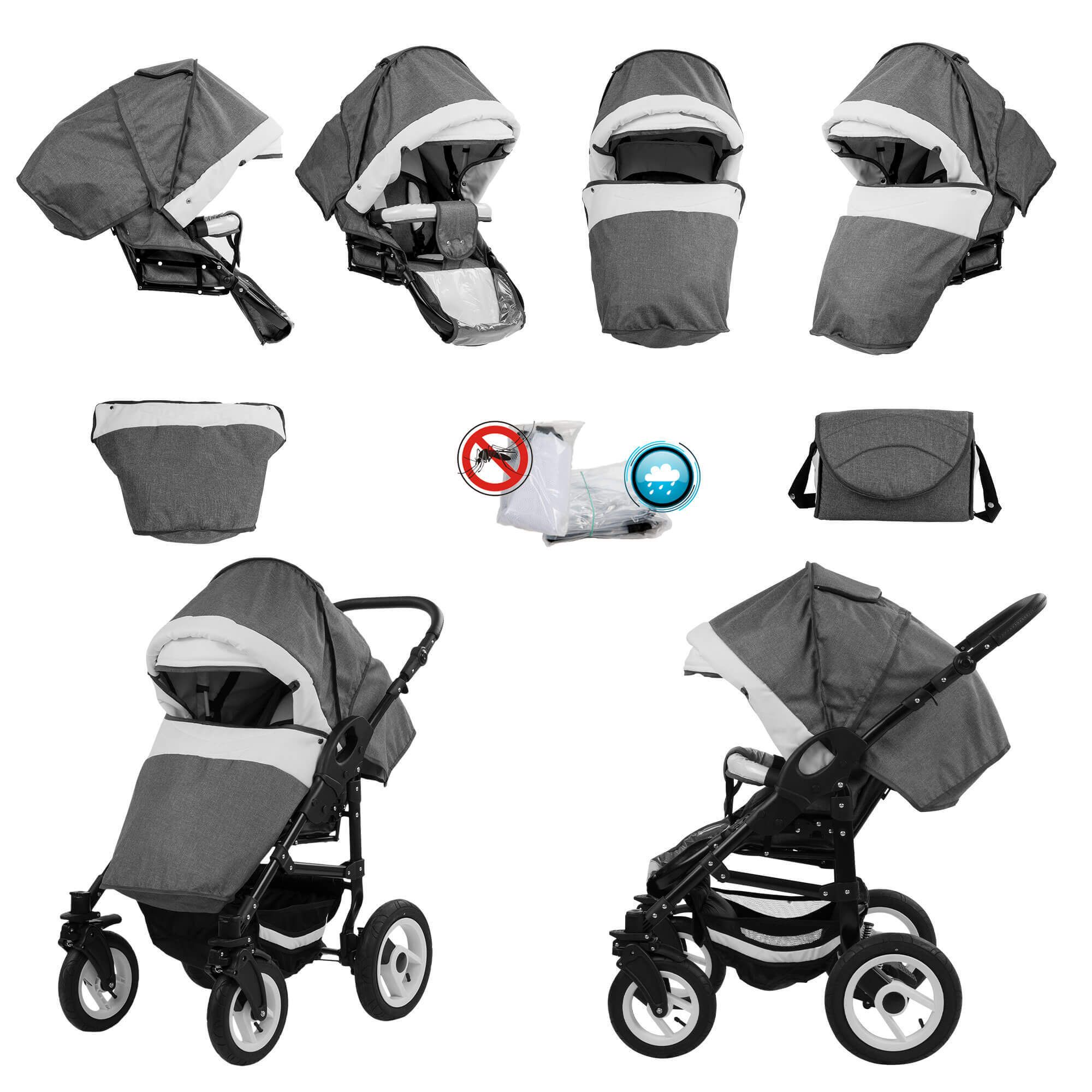 Bebebi Florenz 4 in 1 Kinderwagen Komplettset ISOFIX Basis Luftreifen, Marco Darkgrey Black