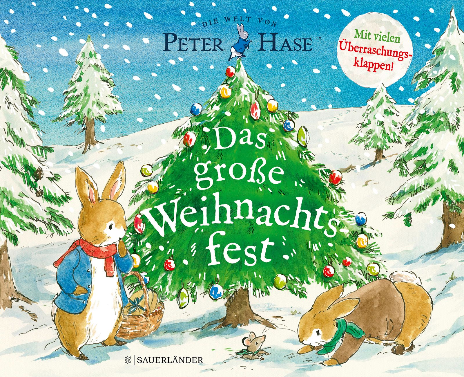 Buchcover: Peter Hase Das große Weihnachtsfest. Titel vor Weihnachtsbaum, Hase mit Korb, weitere Figuren.