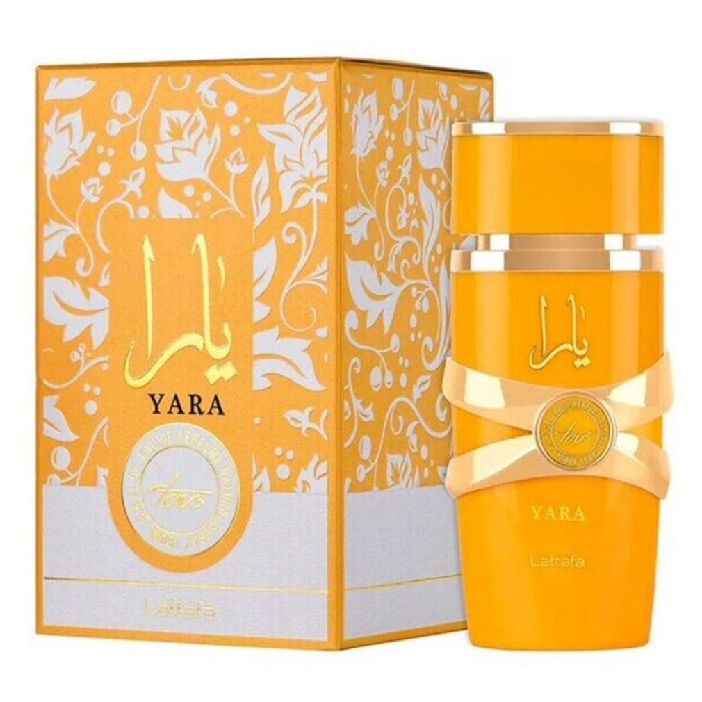 Gelbes Parfümflakon und Schachtel. Aufschrift "Yara" und arabische Schriftzeichen. Goldfarbene Akzente und Schleife.