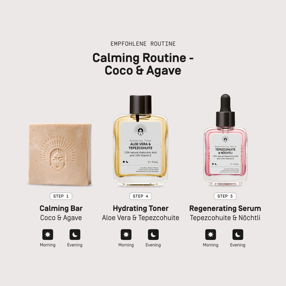Viva Maia Calming Routine: Calming Bar, Hydrating Toner, Regenerating Serum.