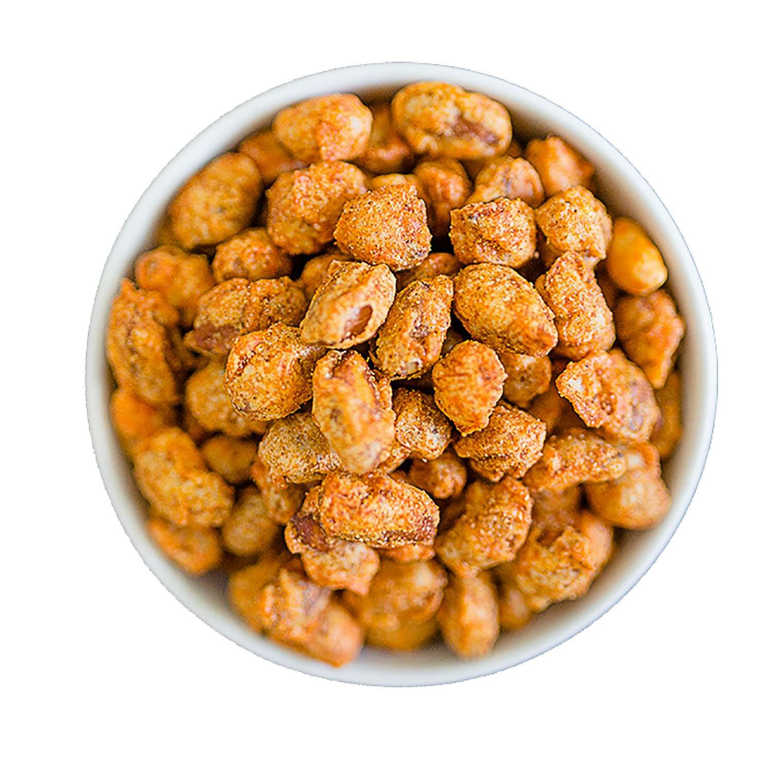 Geröstete Erdnüsse mit Chili in einer weißen Schüssel. Die Erdnüsse sind goldbraun und mit einer würzigen Schicht bedeckt.