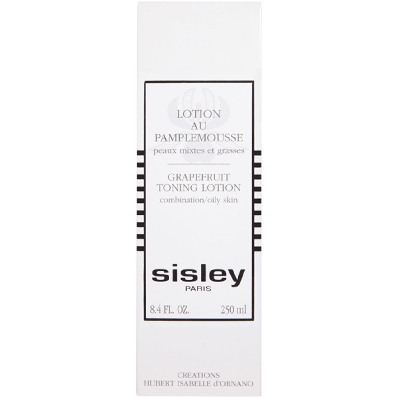 Weiße Verpackung mit Text: Lotion au Pamplemousse, Sisley Paris, 8.4 FL. OZ. 250 ml. Mit schwarzem Design.