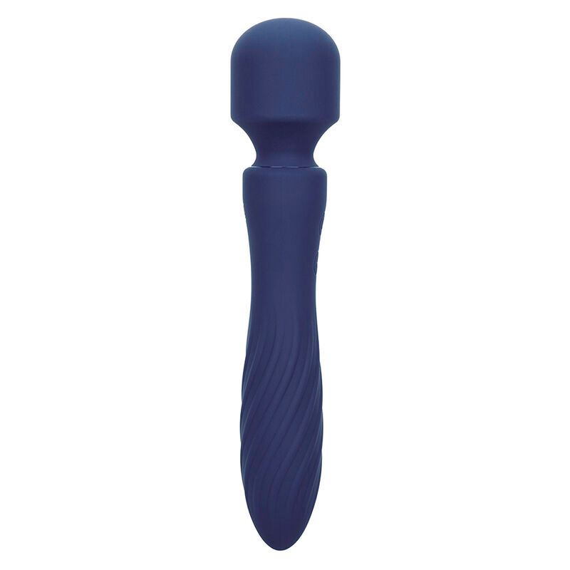 Blauer Vibrationsmassager mit gewelltem Griff und rundem Kopf.