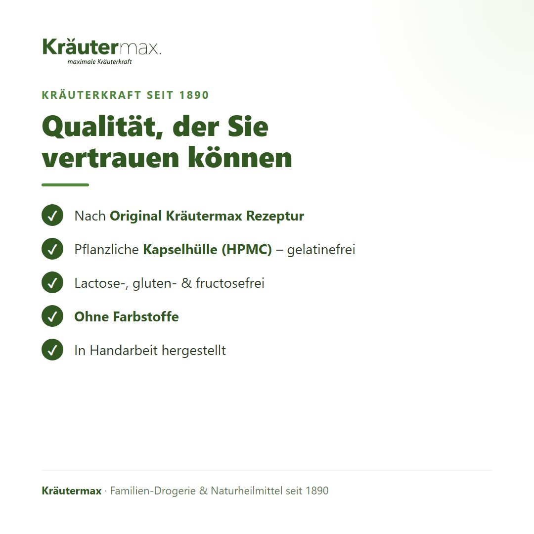 Kräutermax Qualität: Nach Originalrezeptur, pflanzliche Kapselhülle, laktosefrei, glutenfrei, ohne Farbstoffe.