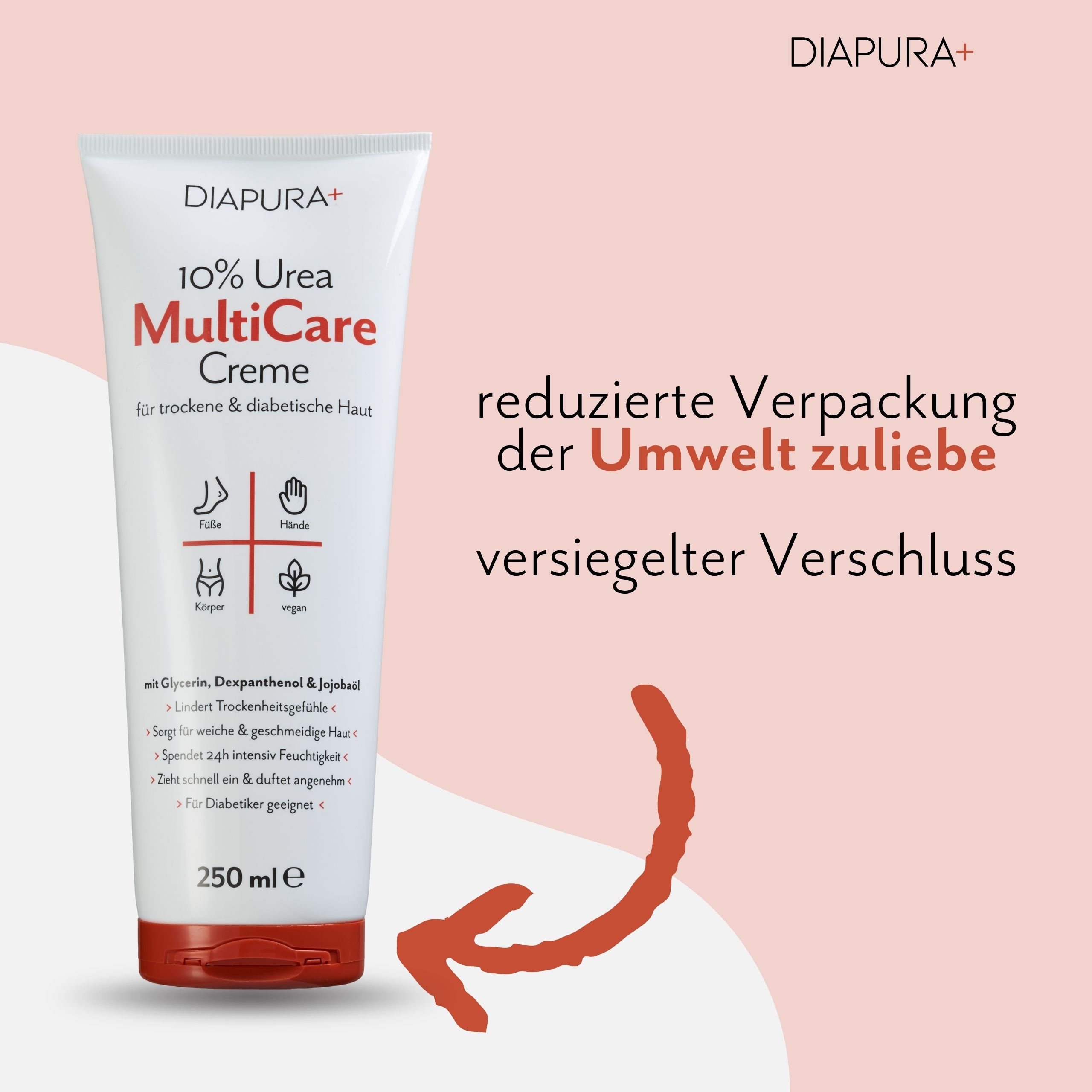 Creme-Tube mit rotem Deckel. Aufschrift: 10% Urea MultiCare Creme. Pfeil zeigt auf versiegelten Verschluss. Text: reduzierte Verpackung der Umwelt zuliebe.