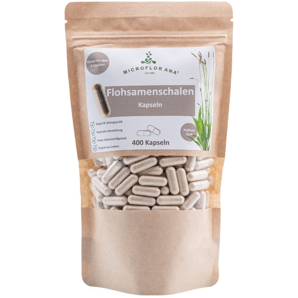 Beutel mit Kapseln. Aufschrift: MICROFLORANA Flohsamenschalen Kapseln. 400 Kapseln. Vegan.