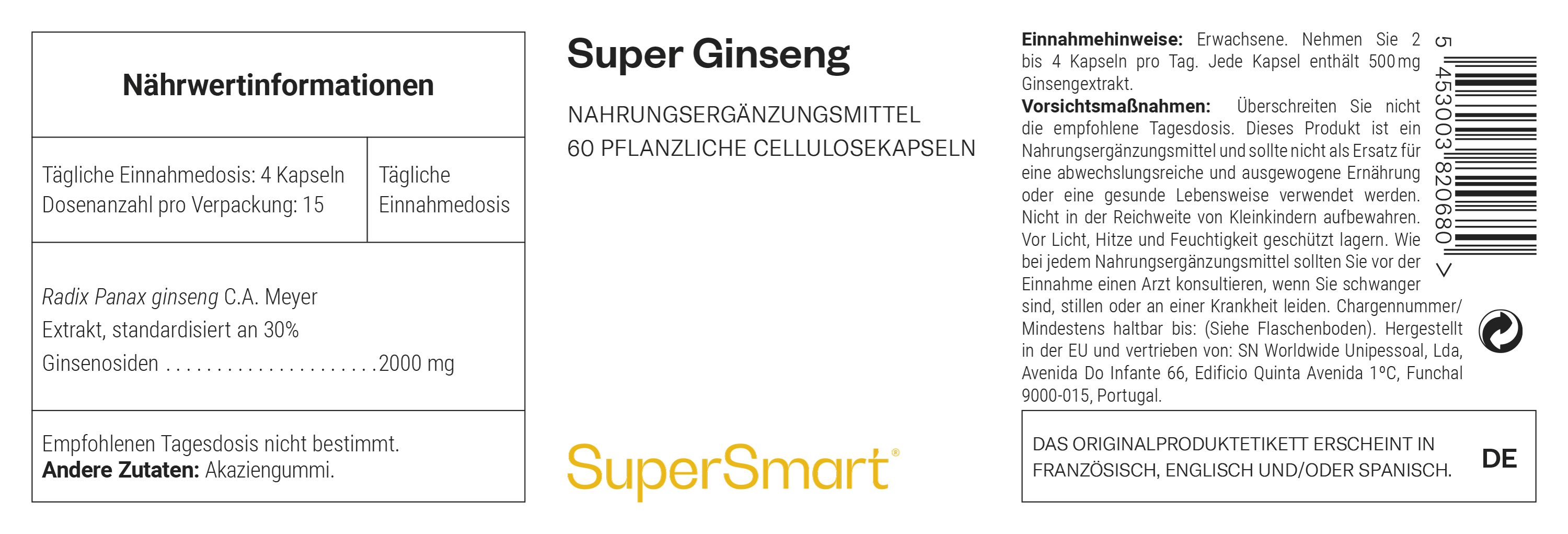 Etikett mit Produktinformationen. Super Ginseng, 60 pflanzliche Cellulosekapseln. SuperSmart Logo. Text in Deutsch.