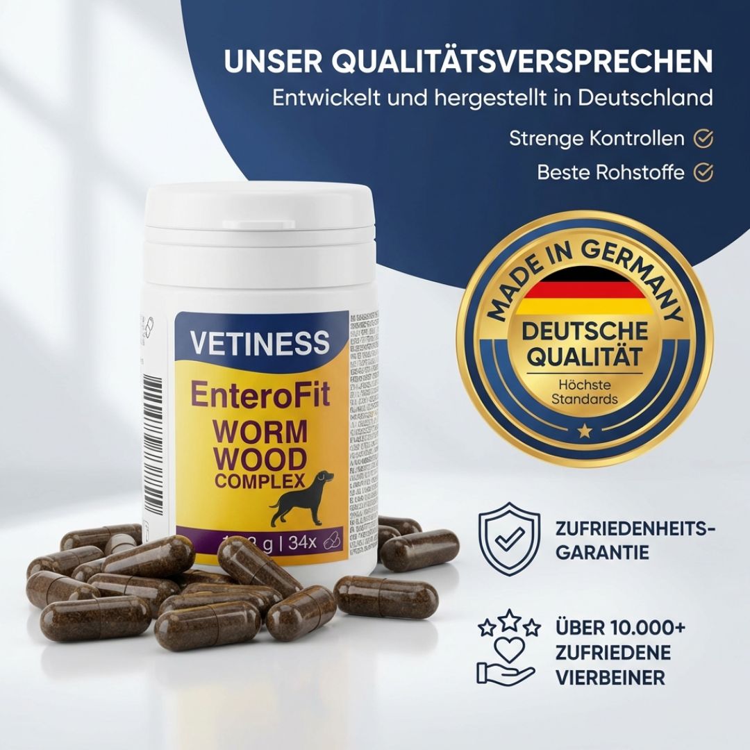 Produkt-Dose mit Kapseln. Text: Entwickelt und hergestellt in Deutschland. Deutsche Qualität. Zufriedenheitsgarantie. Über 10.000 zufriedene Vierbeiner.