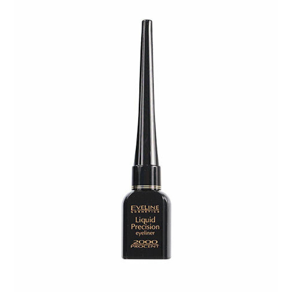 Schwarzer Eyeliner-Flakon mit spitzem Applikator. Aufschrift: Eveline Cosmetics Liquid Precision 2000 Prozent Eyeliner.