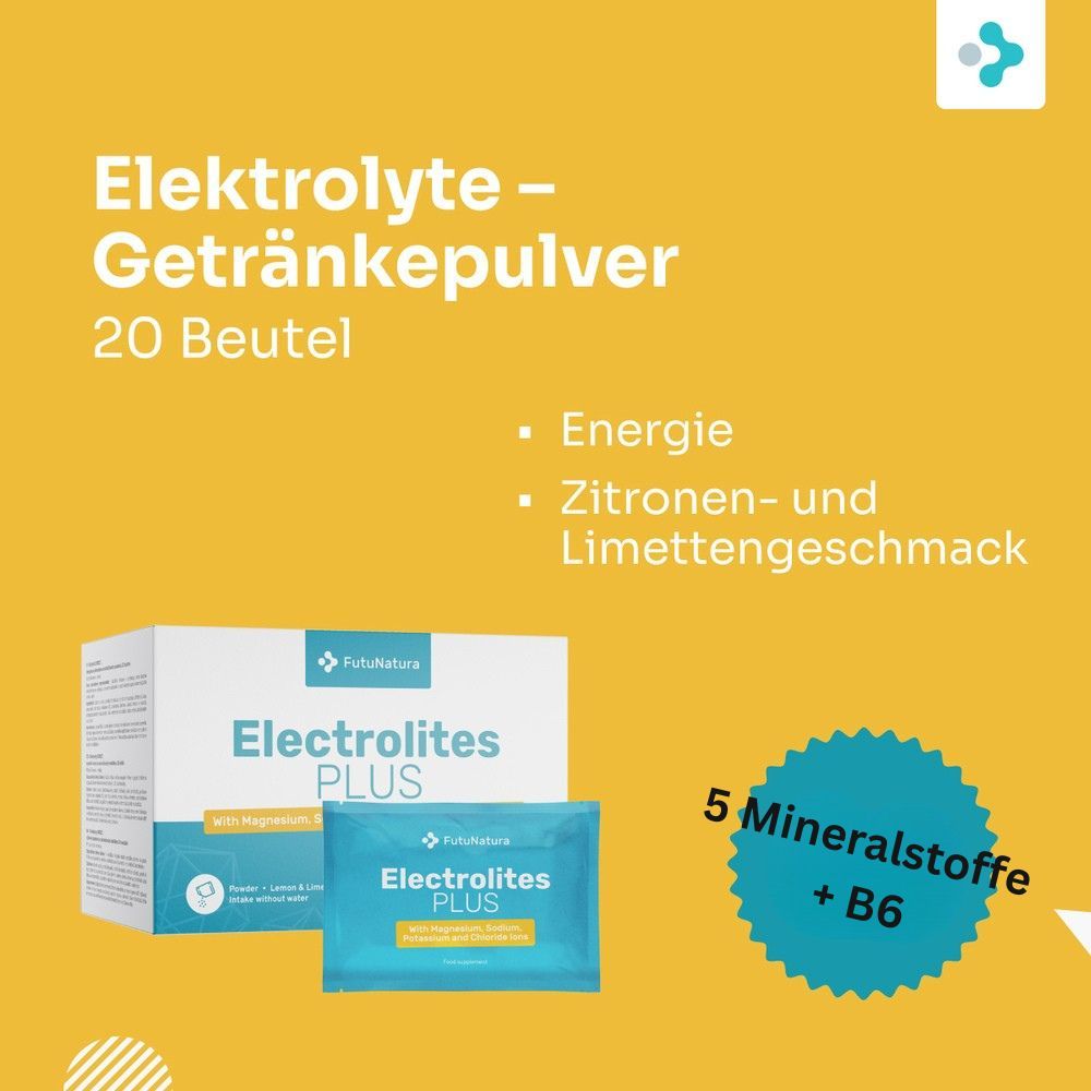 Gelber Hintergrund. FutuNatura Elektrolyte PLUS. 20 Beutel. Text: Energie, Zitrone- und Limettengeschmack. 5 Mineralstoffe + B6. Produktabbildung.