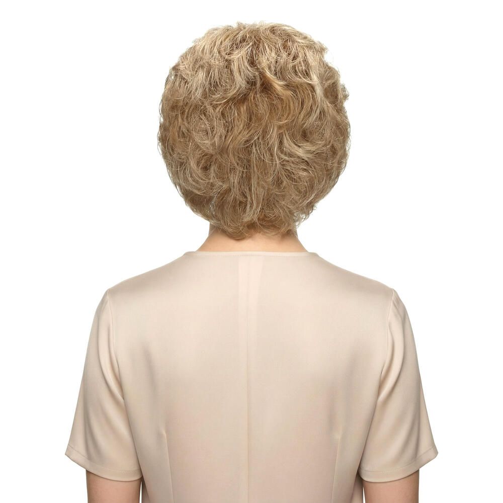 Rückansicht einer blonden Kurzhaarperücke. Das Haar ist gewellt und fällt locker.